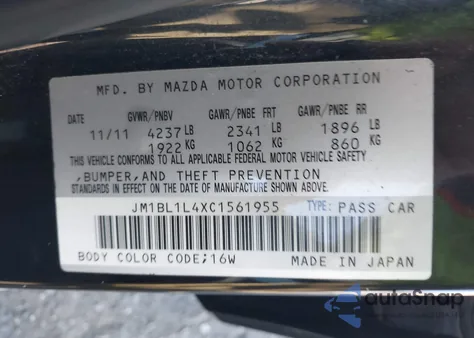 2012 Mazda Mazdaspeed3 Touring z USA, uszkodzony, nr VIN JM1BL1L4XC1561955